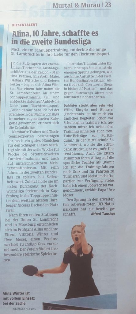 Zeitungsartikel über die Jugendspielerin Alina Winter